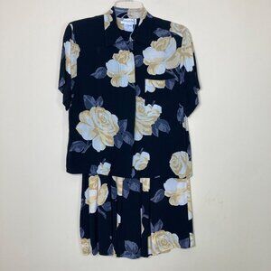 Jones New York Skirt Set Women's 10 Petite Black Yellow Floral Vintage as is